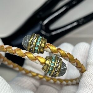 LOFT braided Leather Open Cuff Bracelet Gold White Turquoise Crystal Ends